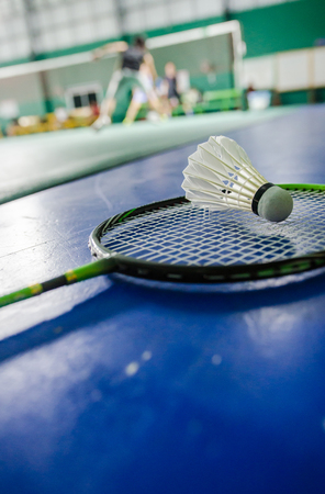 shuttlecock on badminton racketの写真素材