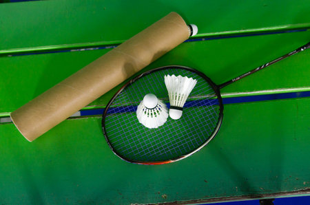 shuttlecock on badminton racket Soft-focus imageの写真素材