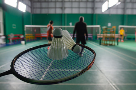 shuttlecock on badminton racket Soft-focus imageの写真素材