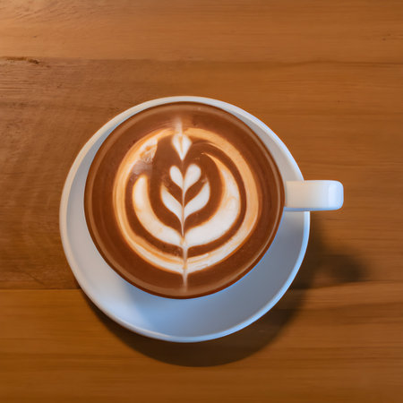 Latte art coffee in a ceramic coffee mug on a wooden table.の素材