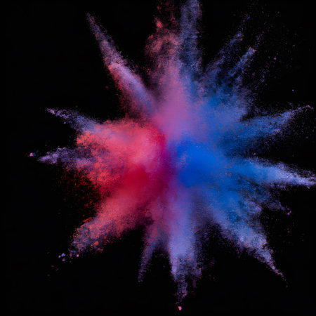 A centered explosion of colorful powder on a black background ai generated.の素材