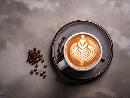 Top view of hot coffee cappuccino latte art top view on concrete table backgroundの素材