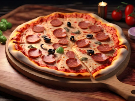 a pizza on the wooden dough the pizza is pepperoniの素材