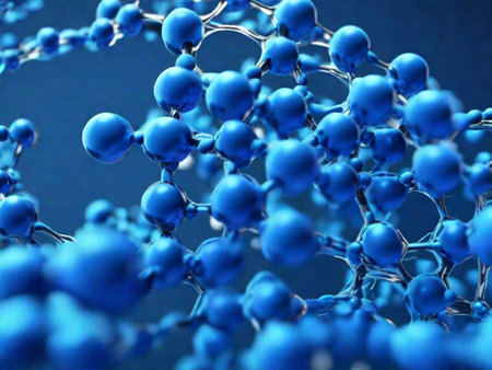blue molecule atoms structures on blue liquid serum background. Science Molecular water drop DNA Model Structure Atoms bacgkround Medical.の素材