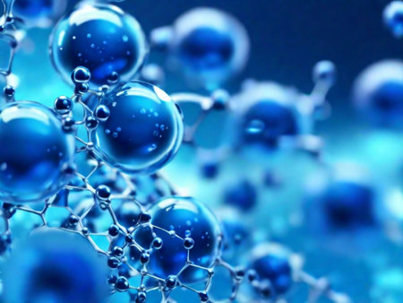 blue molecule atoms structures on blue liquid serum background. Science Molecular water drop DNA Model Structure Atoms bacgkround Medical.の素材