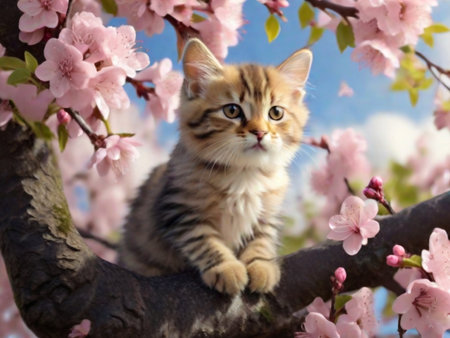 Cute cat on blossoming tree outdoorsの素材
