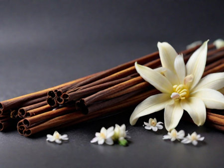 Aromatic vanilla sticks and flowers on grey backgroundの素材