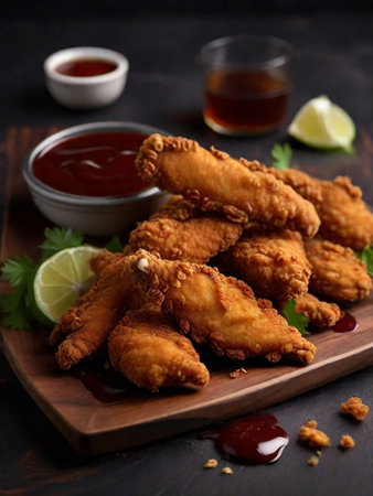 A platter of crispy fried chicken tenders, with a crunchy exterior and tender, juicy meat inside, served with a side of tangy barbecue sauce,の素材