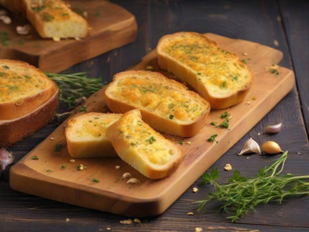 Golden garlic bread garnished with herbs on a rustic wooden board.の素材