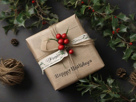 gift wrapped in newspaper with a sprig of holly and a handwritten tag that says Happy Holidays.の素材