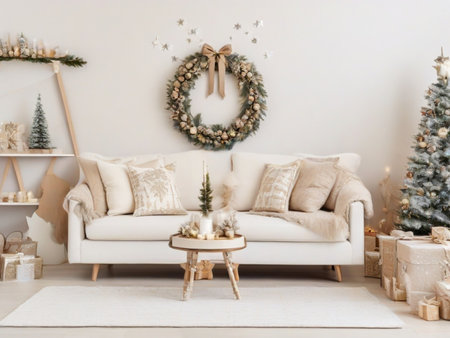 Domestic and cozy christmas living room interior with mock up poster frames  beige sofa  design armchair  christmas decoration  wreath  stars  gifts and accessories. Family time. Template.の素材
