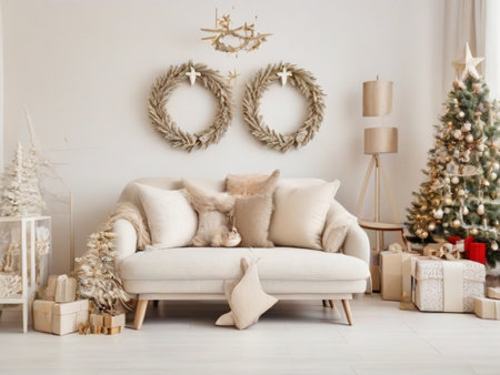 Domestic and cozy christmas living room interior with mock up poster frames  beige sofa  design armchair  christmas decoration  wreath  stars  gifts and accessories. Family time. Template.の素材