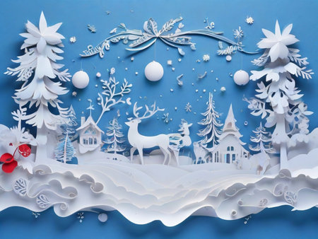 Winter christmas composition in paper cut style.Merry Christmasの素材