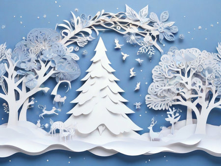 Winter christmas composition in paper cut style.Merry Christmasの素材