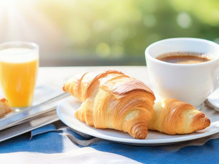 Hot coffee and croissant breakfast in a sunny morning, natural light.の素材