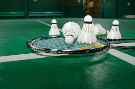 Badminton rackets and white cream badminton shuttlecocks after playing or after games on green floor in indoor badminton court soft focus concept for badminton lovers around the world.の写真素材