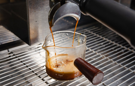 A barista prepares a latte at a professional espresso machine in a cozy coffee shop. The scene...