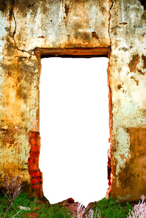 Doorway in a dilapidated building wall, isolated door opening の写真素材
