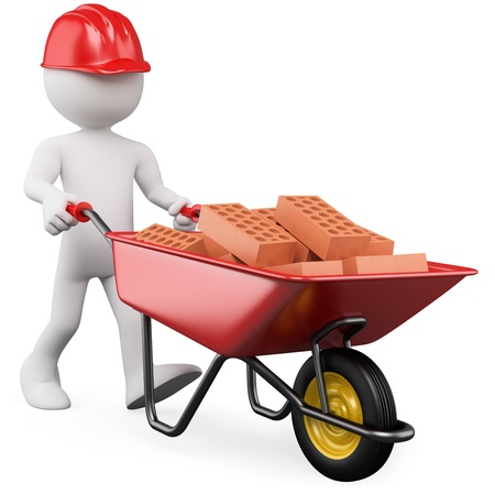 3D worker pushing a wheelbarrow with bricks. Rendered at high resolution on a white background with diffuse shadows.の写真素材