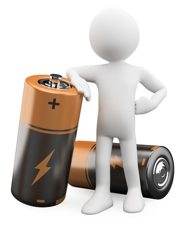 3D Man leaning on a battery  Rendered at high resolution on a white background with diffuse shadows の写真素材