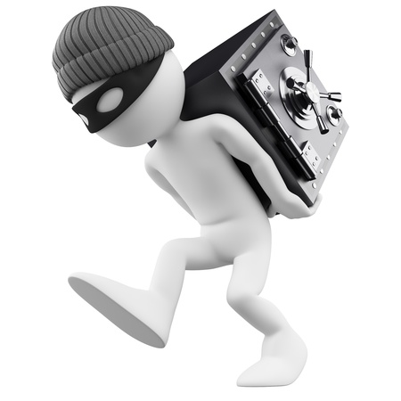 3d white person  Bank robber with a safe on his back  3d image  Isolated white background の写真素材