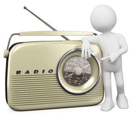 3d white person with a huge vintage radio. 3d image. Isolated white background.の写真素材
