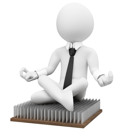 3d white business person sitting on a fakir platform with nail. 3d image. Isolated white background.の写真素材