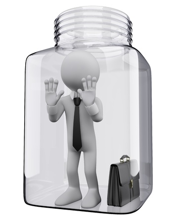 3d white business person inside a glass jar incommunicado  3d image  Isolated white background  の写真素材