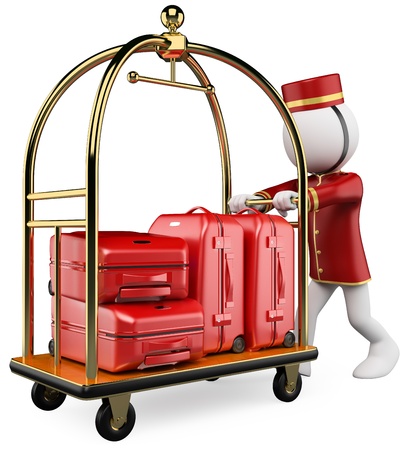 3d white bellhop pushing a luggage cart. 3d image. Isolated white background.の写真素材