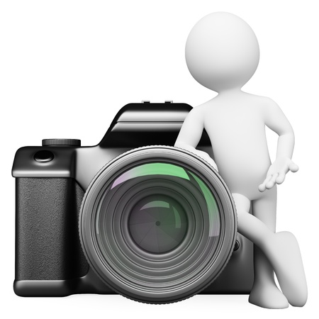 3d white person leaning on a digital camera DSLR. Isolated white background. の写真素材