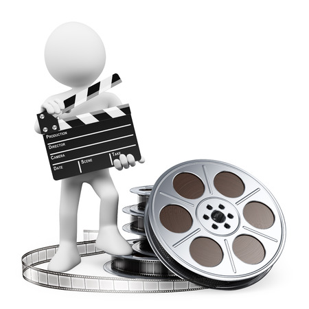 Film director with clapperboard and film reels. Isolated white background. の写真素材