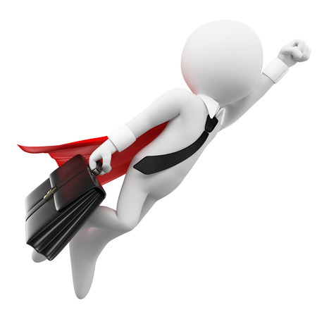 3d white people. Super Bussinesman flying with a suitcase. Isolated white background.の写真素材