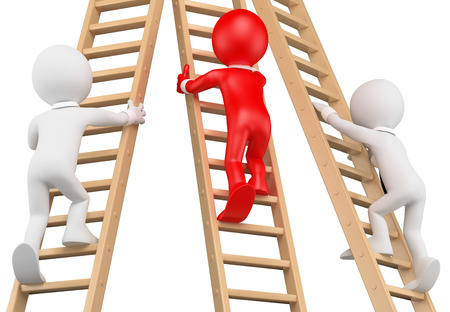 3d white people. Businessmen climbing a wooden ladder. Leadership. Isolated white background.の写真素材