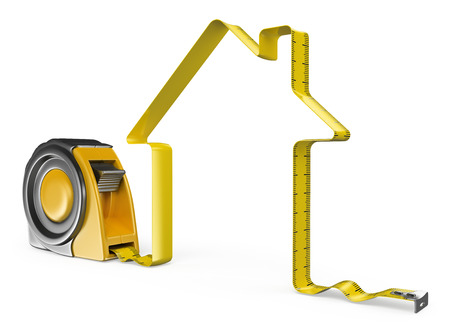 3D Measure tape. House concept. Isolated white background.の写真素材