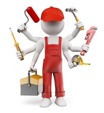 3d white people. Multitasking handyman with screwdriver tool box tape measure hammer wrench pipes paint roller. Isolated white background.