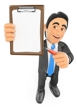 3d business people.  Businessman with blank clipboard and a pen. Isolated white background.の写真素材