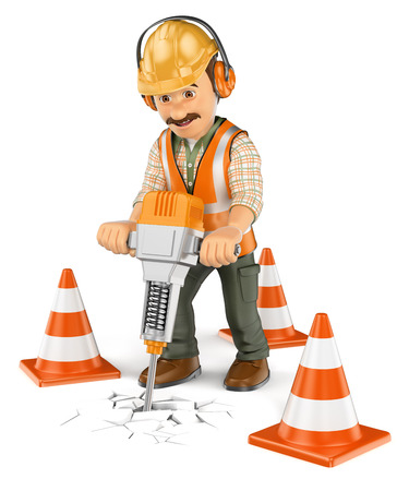 3d working people. Construction worker with a handheld hydraulic breaker. Isolated white background.の写真素材