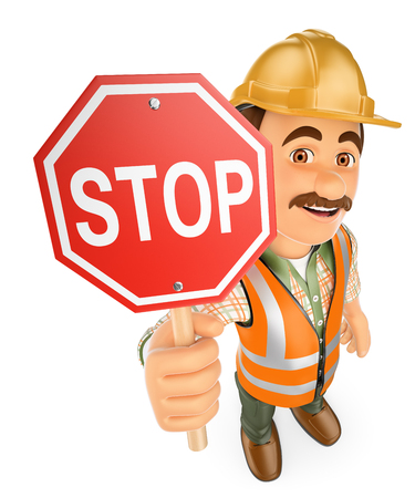 3d working people. Construction worker with a stop signal. Isolated white background.の写真素材