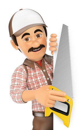 3d working people. Carpenter with saw pointing aside. Blank space. Isolated white background.の写真素材