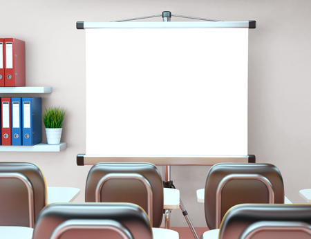 3D Illustration workshop with blank projector screen. Office. Mockup. Mockupの写真素材