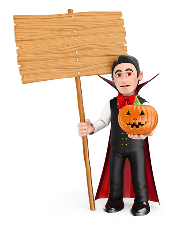 3d halloween people illustration. Funny monster. Vampire with a blank wooden sign and a pumpkin. Isolated white background.の写真素材