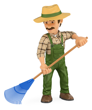 3d working people illustration. Gardener working with a rake. Isolated white background.の写真素材