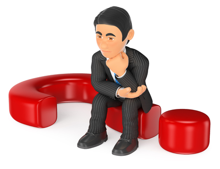 3d business people illustration. Businessman thoughtful sitting on a question mark. Isolated white background.の写真素材