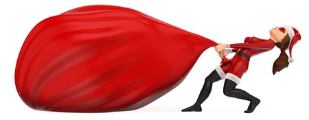 3d christmas people illustration. Woman masked superhero dragging a huge bag of gifts. Isolated white background.の写真素材