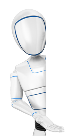 3d futuristic android illustration. Humanoid robot pointing aside. Isolated white background.の写真素材