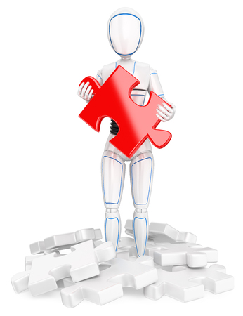 3d futuristic android illustration. Humanoid robot with a red puzzle piece. Find the solution. Isolated white background.の写真素材