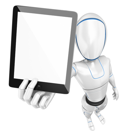3d futuristic android illustration. Humanoid robot with a blank screen tablet. Isolated white background.の写真素材