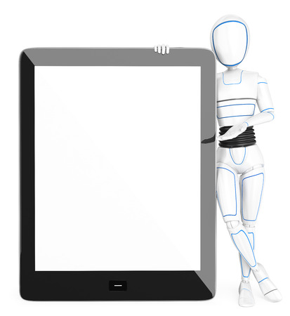3d futuristic android illustration. Humanoid robot leaning on a huge tablet with blank screen. Isolated white background.の写真素材