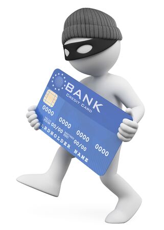 3d white people illustration. Thief stealing a credit card. Isolated white background.の写真素材