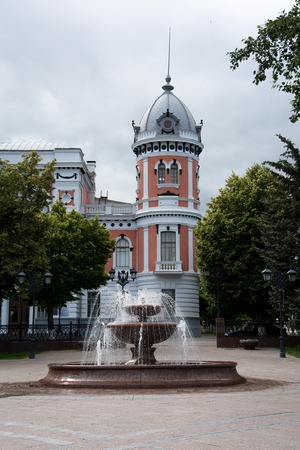 Fountain at background of a building. Ulyanovsk, Russia.の写真素材